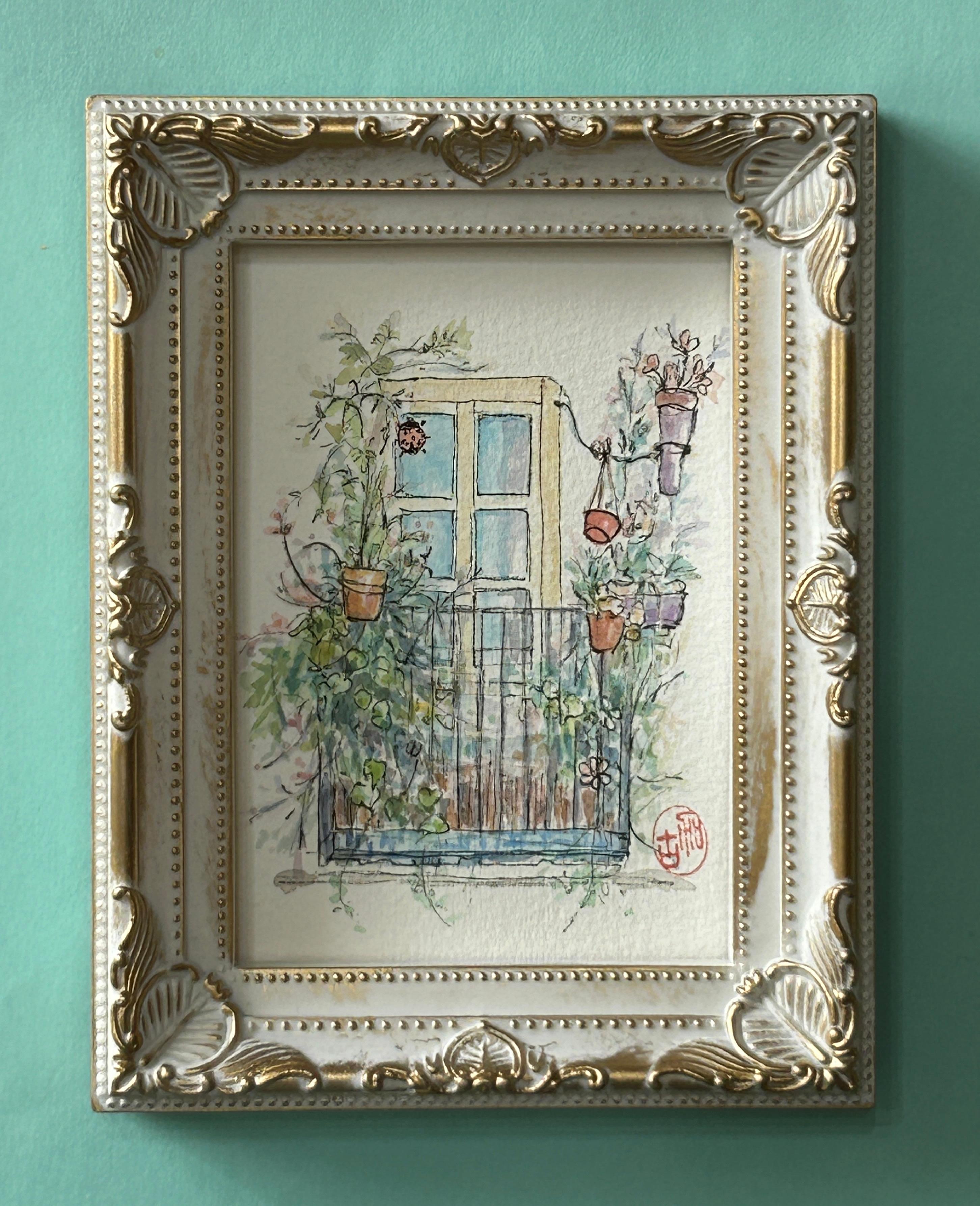 楽しい窓辺（ミニ絵画、水彩画、原画、写真立て付き)1枚目の画像