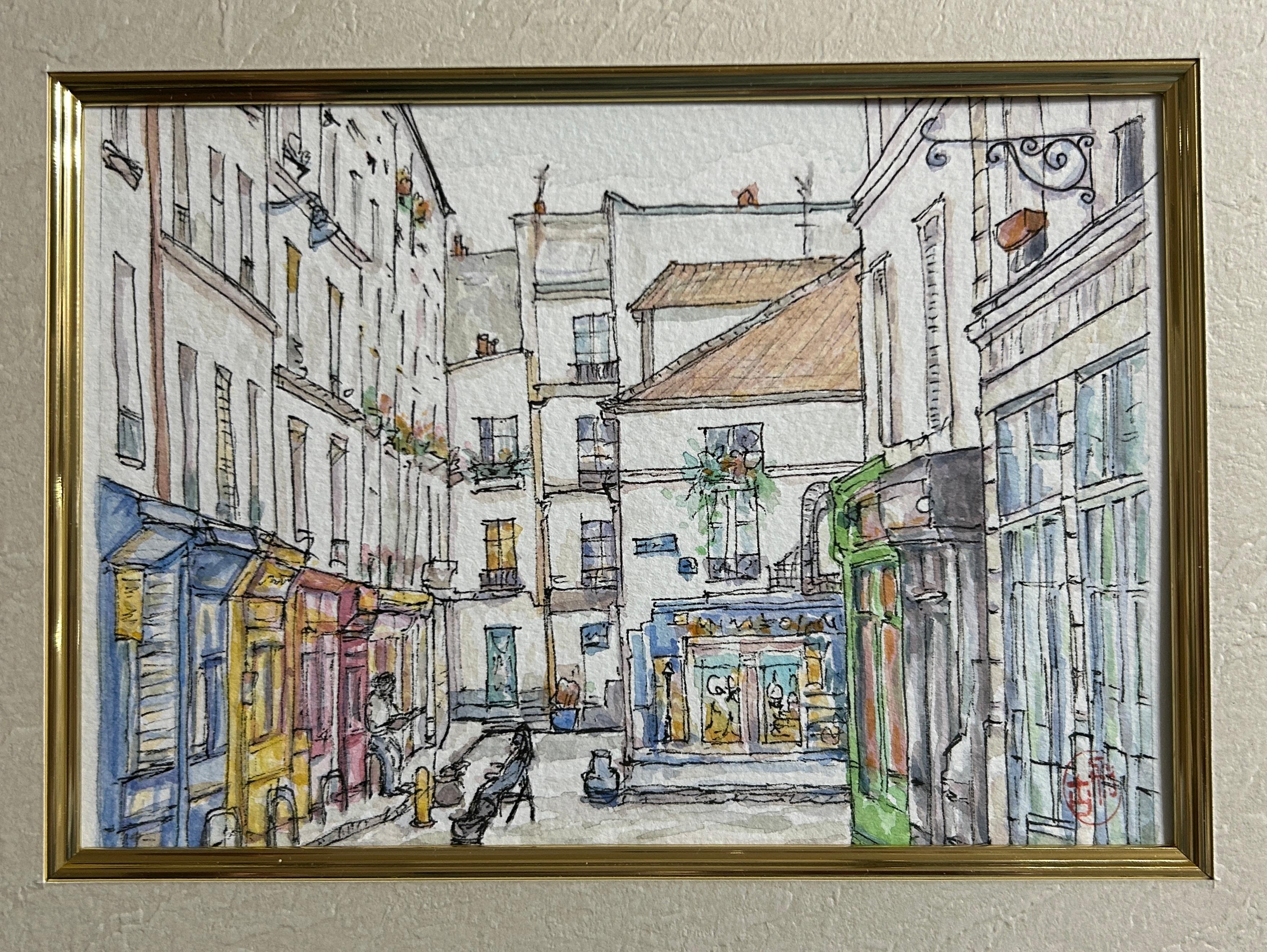 モンマルトルの街角(水彩画、原画、パリ、額付き)