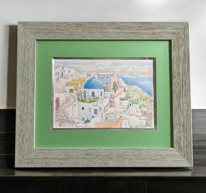 エーゲ海の宝石(ギリシャ、サントリーニ島、水彩画、原画、額付き)1枚目の画像
