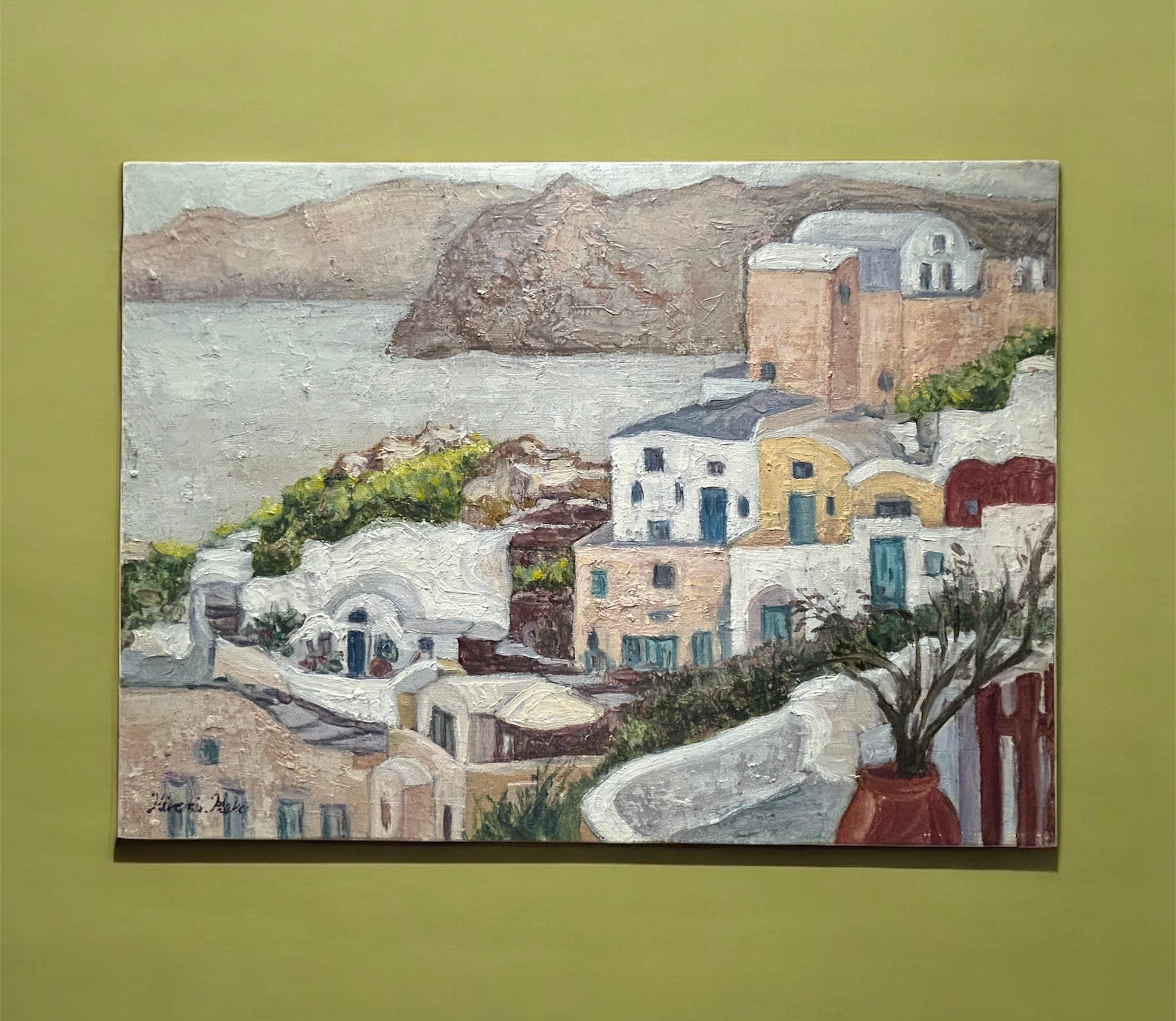 陽が落ちて(油絵F4号、ギリシャ、サントリーニ島、原画)1枚目の画像