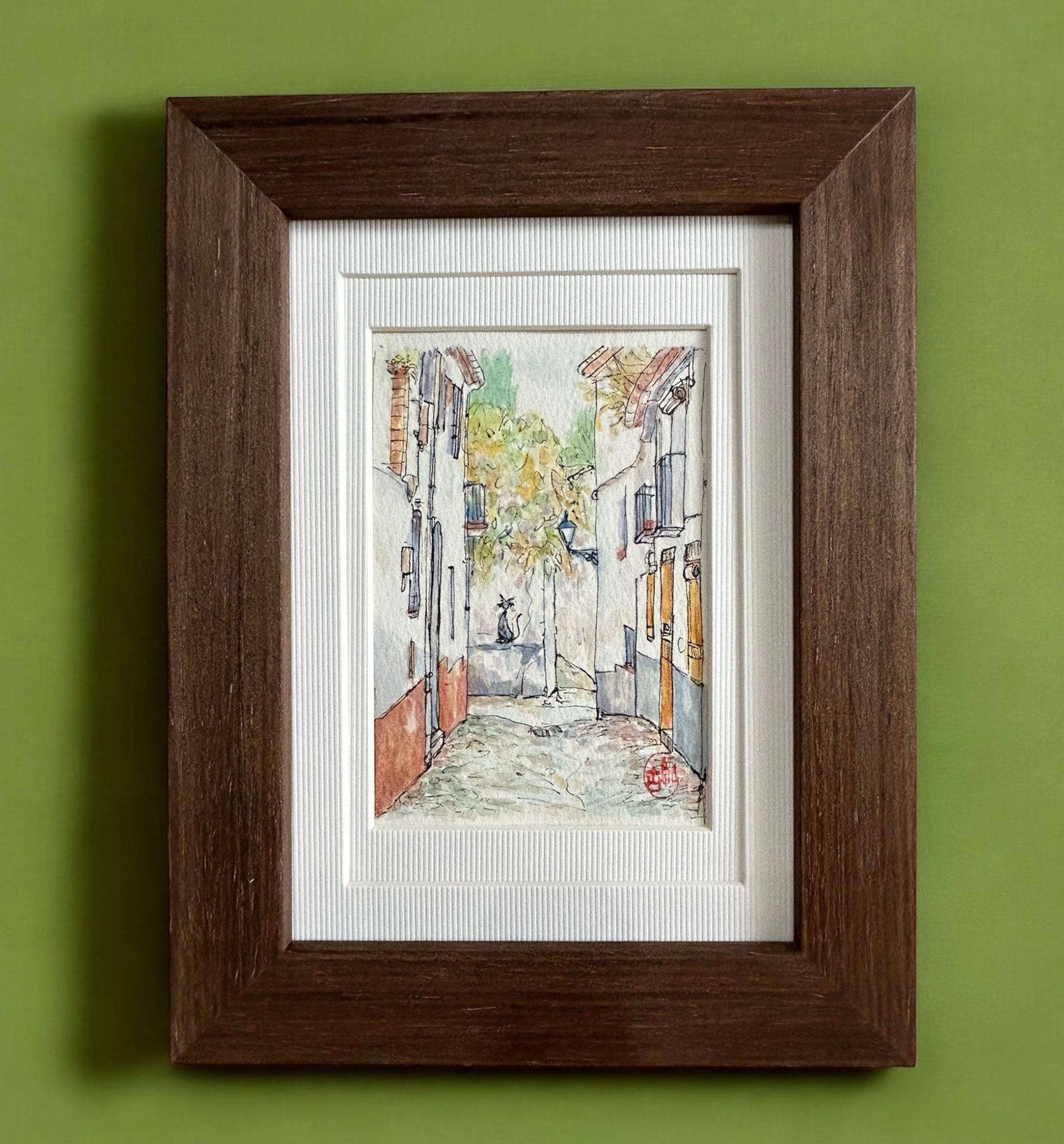 街角の落書き(スペイン、グラナダ、原画、透明水彩、フレーム付き）1枚目の画像