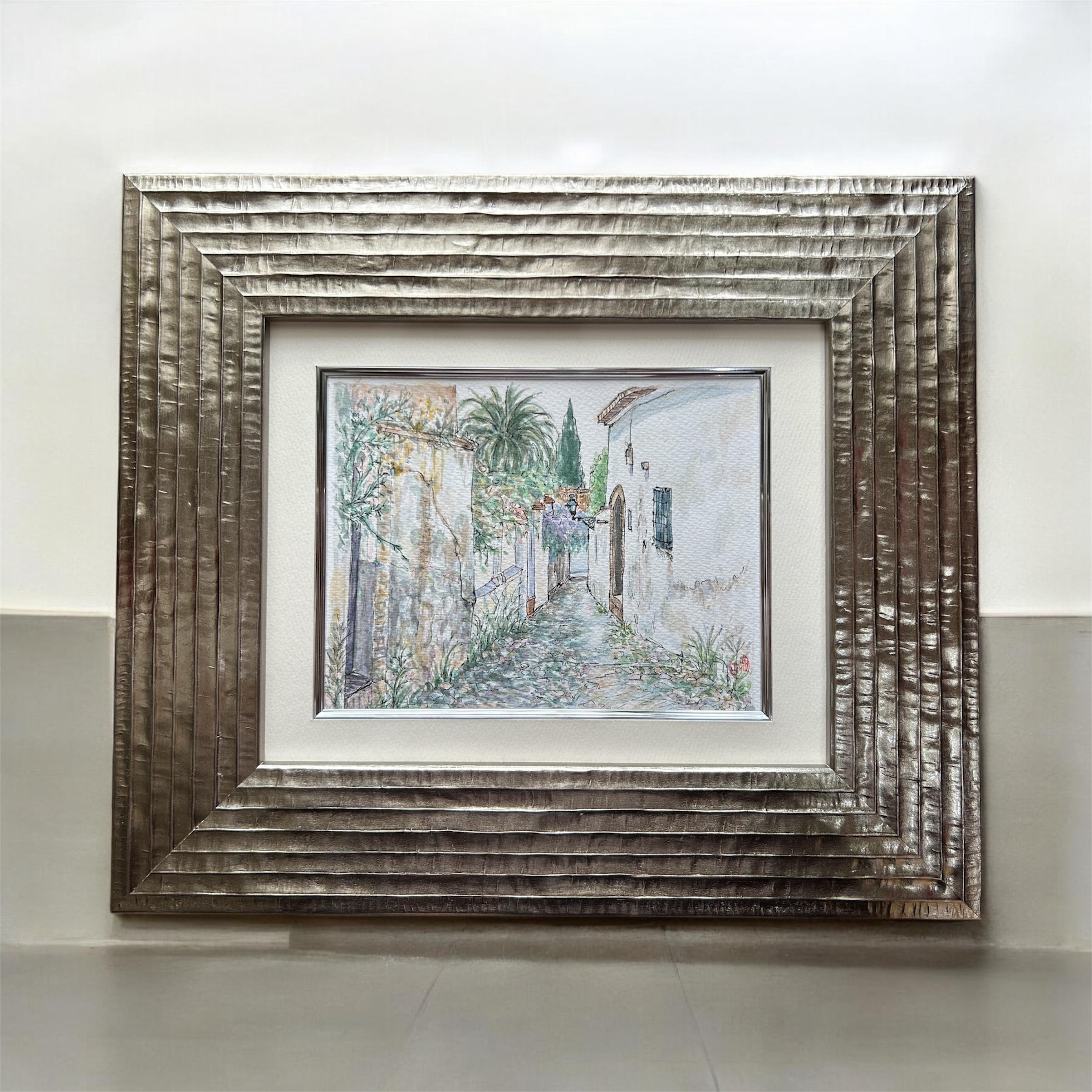 白い通り(水彩画、原画、スペイン、グラナダ 、額付き)1枚目の画像