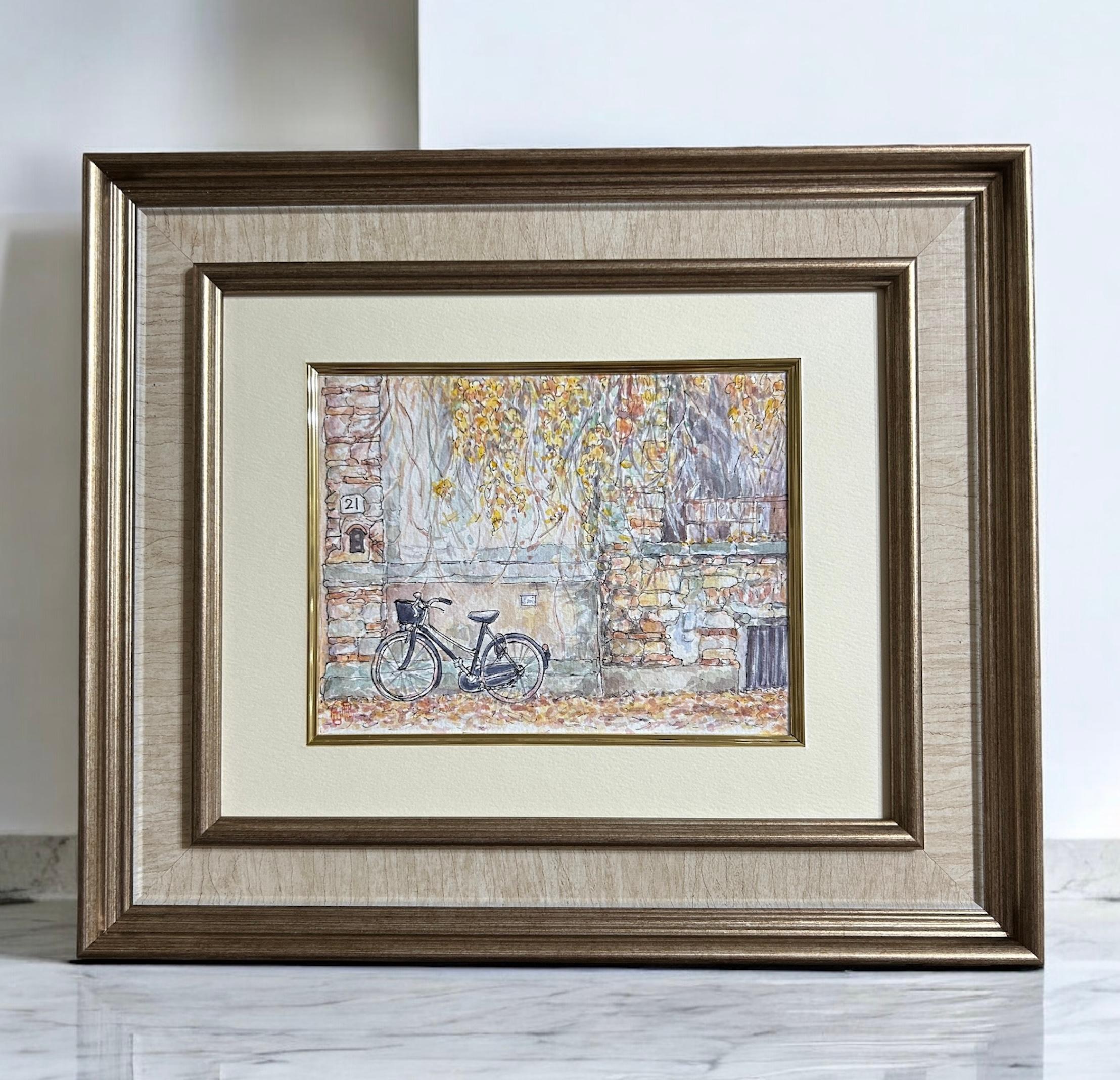 秋色の街角(水彩画、原画、イタリア、額付き)1枚目の画像